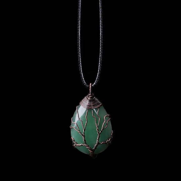 Green Aventurine Natural Gemstone Tree Of Life Copper Wire Wrap Pendant Necklace - Picture 2 of 2